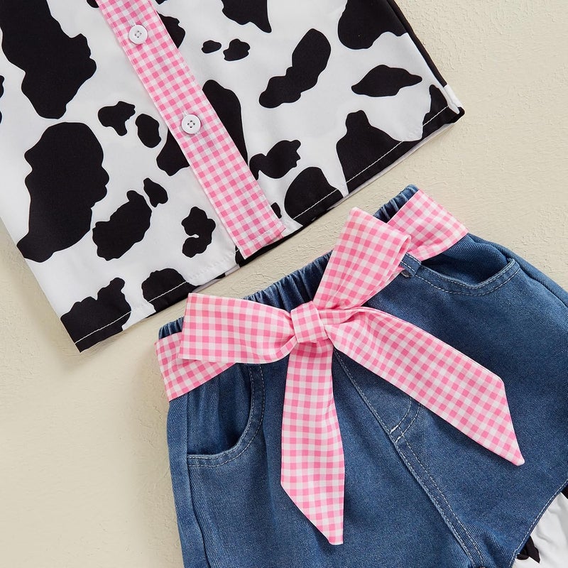 Mialoley Store Toddler Girl Denim Western Outfit Baby Cowgirl Clothes Ruffle Cow Print Shirt Button Down Tops Belted Jeans Shorts - Image 5